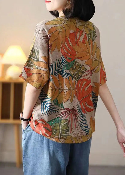 Loose Orange O Neck Print Cotton Knit T Shirt Summer Ada Fashion