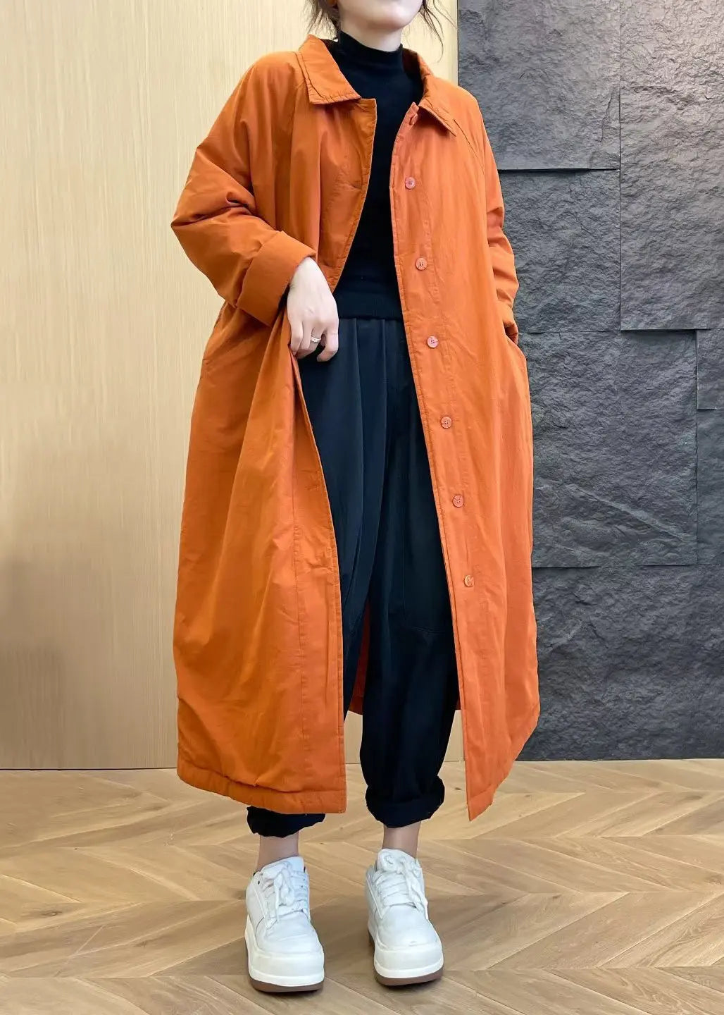 Loose Orange Peter Pan Collar Button Pockets Parka Winter Ada Fashion