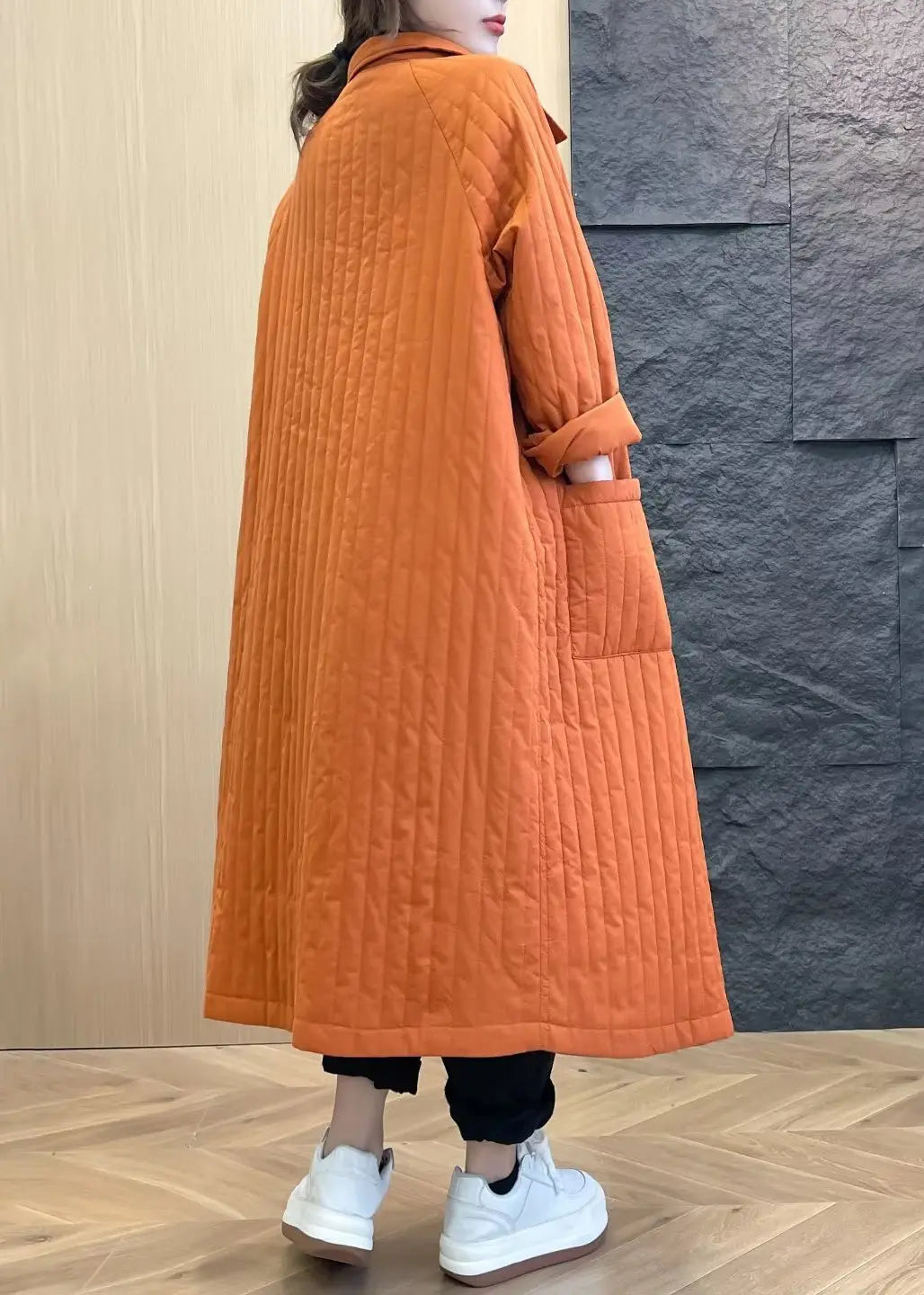 Loose Orange Peter Pan Collar Button Pockets Parka Winter Ada Fashion