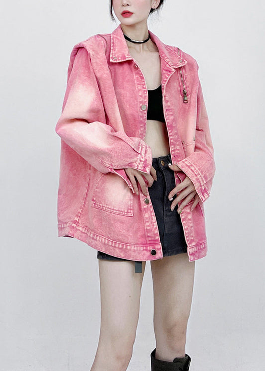 Loose Pink Button Pockets Patchwork Unisex Style Denim Coats Fall Ada Fashion