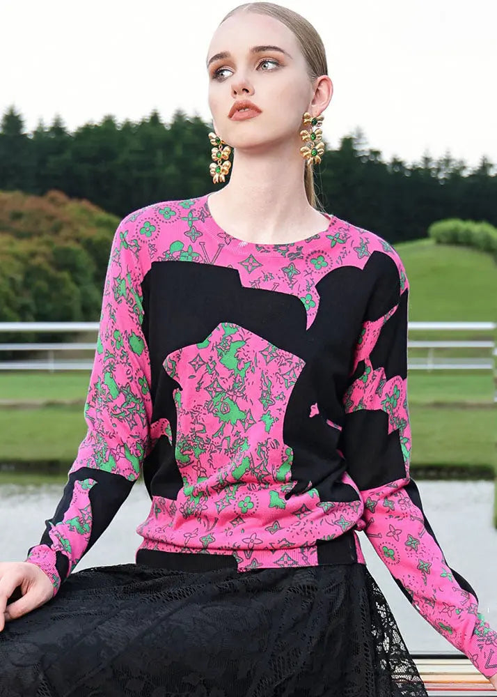 Loose Pink Print Patchwork Thick Print Silk Cotton Top Fall Ada Fashion