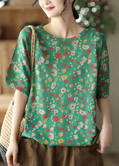 Loose Purple O Neck Print Cozy Cotton Knit Top Summer Ada Fashion