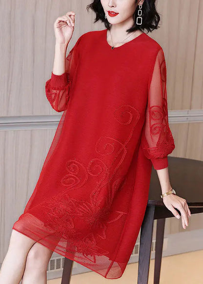 Loose Red Embroidered Nail Bead Tulle Maxi Dresses Fall Ada Fashion