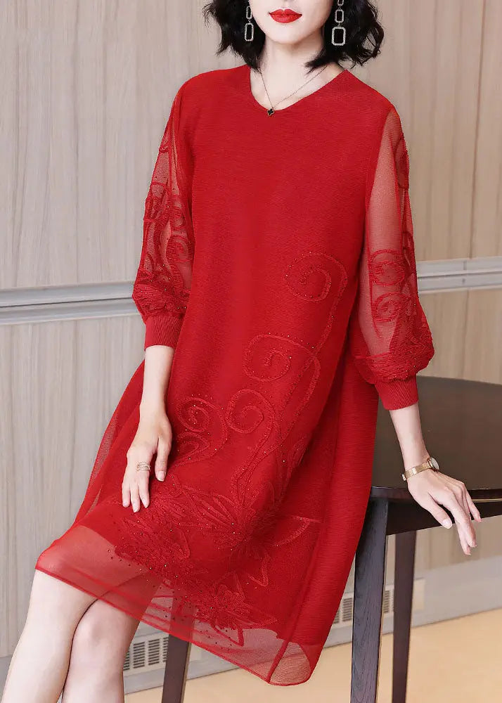 Loose Red Embroidered Nail Bead Tulle Maxi Dresses Fall Ada Fashion