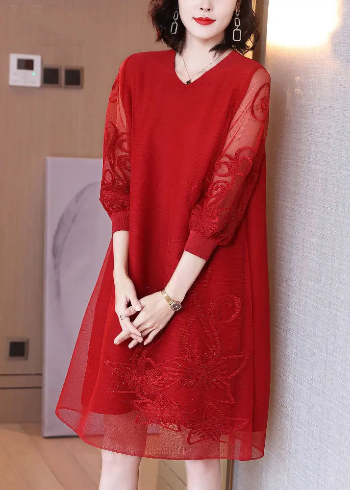 Loose Red Embroidered Nail Bead Tulle Maxi Dresses Fall Ada Fashion