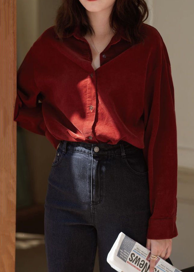 Loose Wine Red Button Corduroy Top Long Sleeve