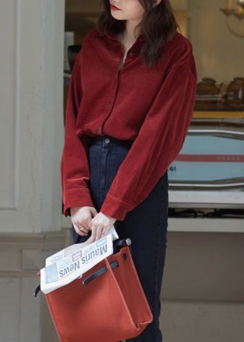 Loose Wine Red Button Corduroy Top Long Sleeve