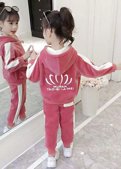 Lovely Pink Hooded Zippered Pockets Warm Fleece Girls Two Pieces Set Winter Ada Fashion