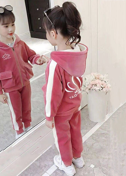 Lovely Pink Hooded Zippered Pockets Warm Fleece Girls Two Pieces Set Winter Ada Fashion