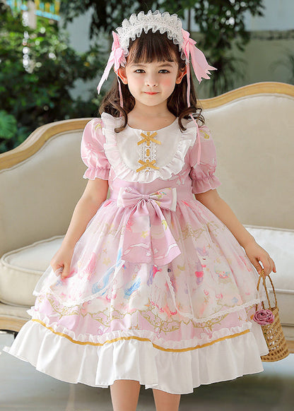 Jolie robe longue d'été en mousseline de soie à volants et nœud en patchwork rose pour bébé fille