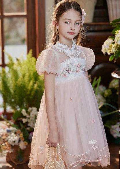 Robe mi-longue rose à col montant et manches courtes pour bébé fille en tulle et dentelle brodée