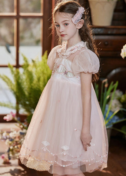 Robe mi-longue rose à col montant et manches courtes pour bébé fille en tulle et dentelle brodée