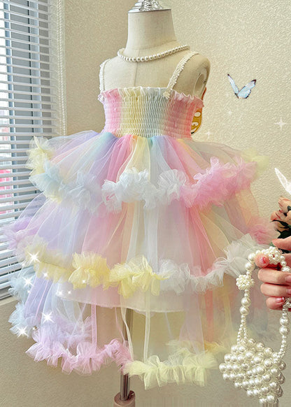 Jolies robes de bébé fille en tulle à volants arc-en-ciel superposées sans manches