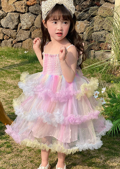 Jolies robes de bébé fille en tulle à volants arc-en-ciel superposées sans manches