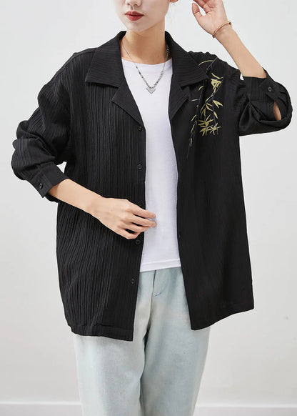 Modern Black Branch Embroidered Cotton Shirt Fall Ada Fashion