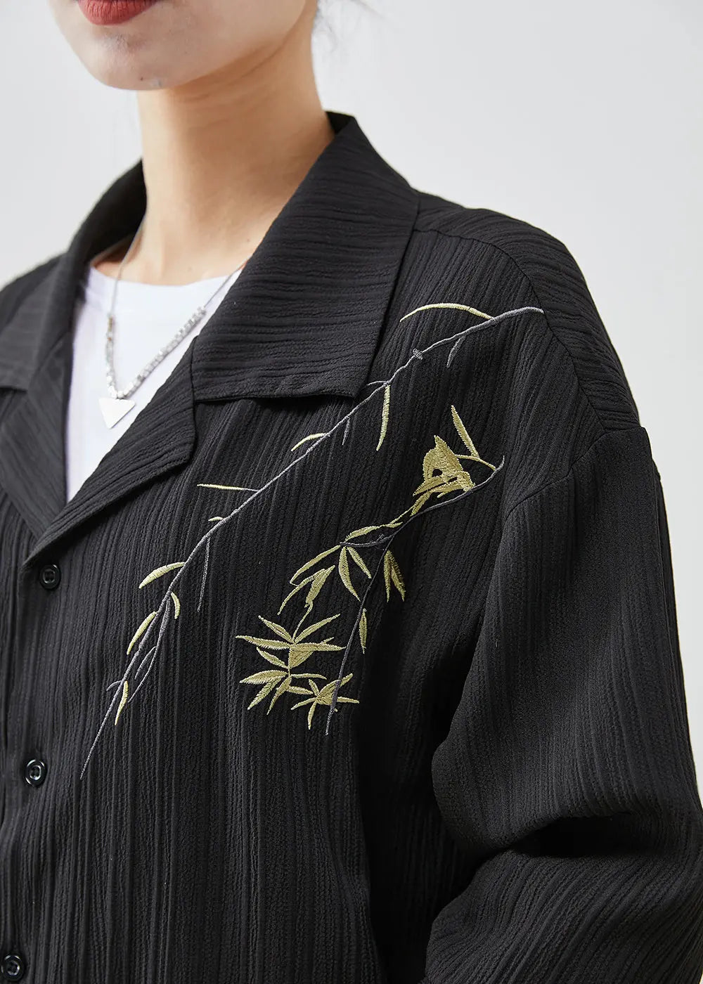 Modern Black Branch Embroidered Cotton Shirt Fall Ada Fashion