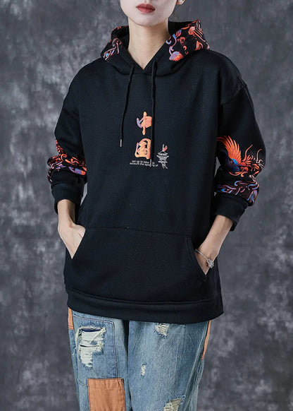 Modern Black Hooded Chinese Print Warm Fleece Loose Sweatshirts Top Winter Ada Fashion