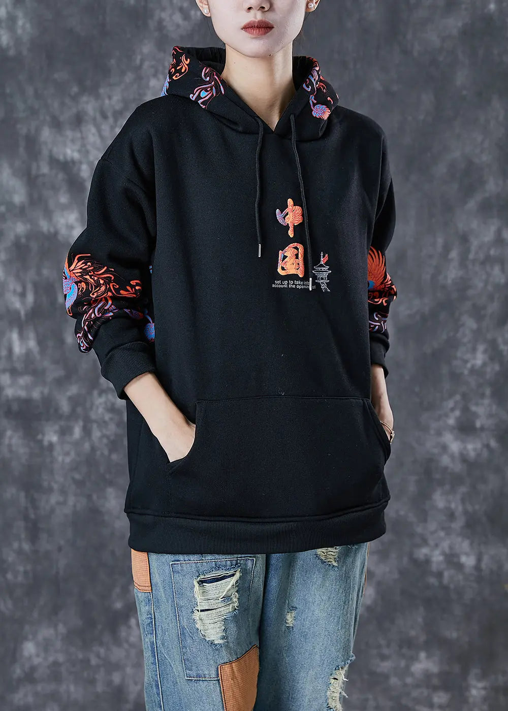 Modern Black Hooded Chinese Print Warm Fleece Loose Sweatshirts Top Winter Ada Fashion