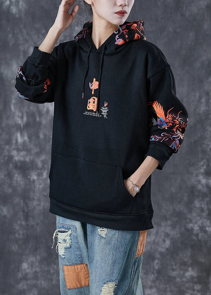 Modern Black Hooded Chinese Print Warm Fleece Loose Sweatshirts Top Winter Ada Fashion