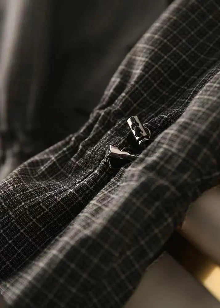 Modern Black Peter Pan Collar Plaid Drawstring Patchwork Cotton Jacket Fall Ada Fashion