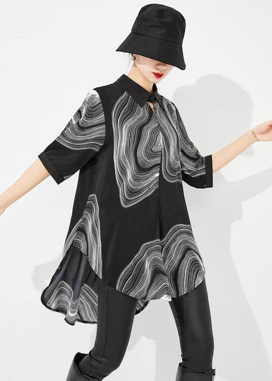 Modern Black Print Low High Design Draping Chiffon Blouse Tops Summer LY0880