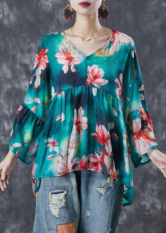 Modern Green Oversized Floral Print Cotton Tops Fall Ada Fashion