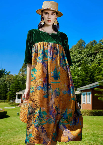 Modern Green Print Wrinkled Silk Velour Patchwork Long Dress Summer Ada Fashion