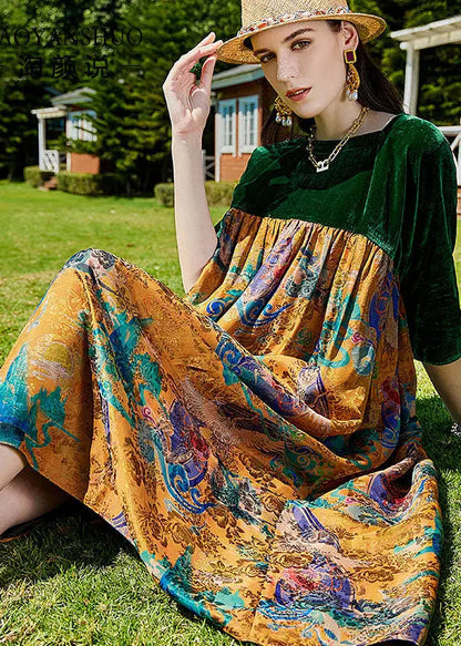 Modern Green Print Wrinkled Silk Velour Patchwork Long Dress Summer Ada Fashion