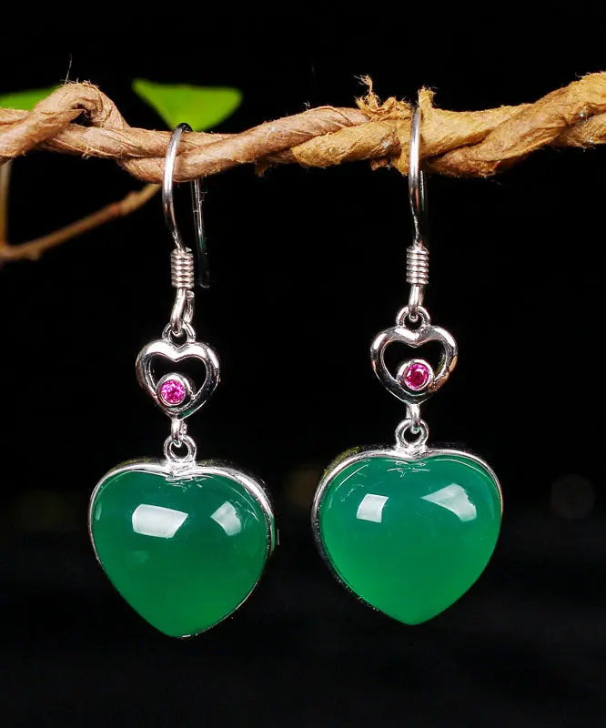 Modern Green Sterling Silver Inlaid Love Chalcedony Drop Earrings Ada Fashion