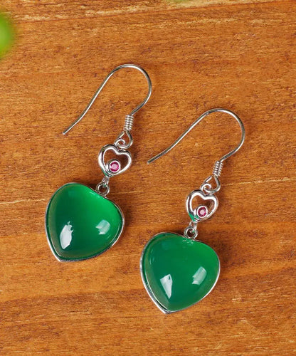 Modern Green Sterling Silver Inlaid Love Chalcedony Drop Earrings Ada Fashion