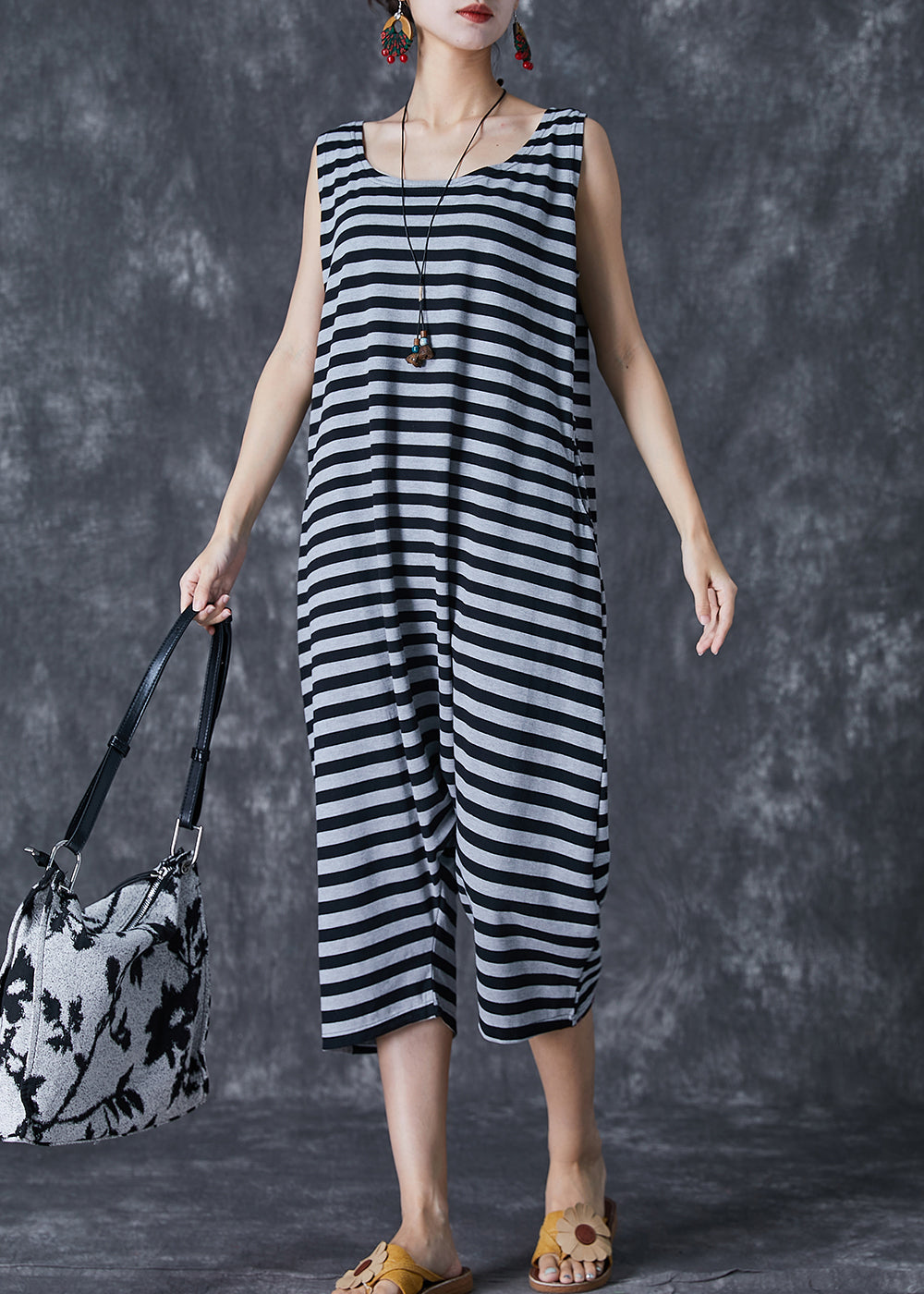 Modern Grey O-Neck Striped Cotton Overalls Jumpsuit Sleeveless LY7096
