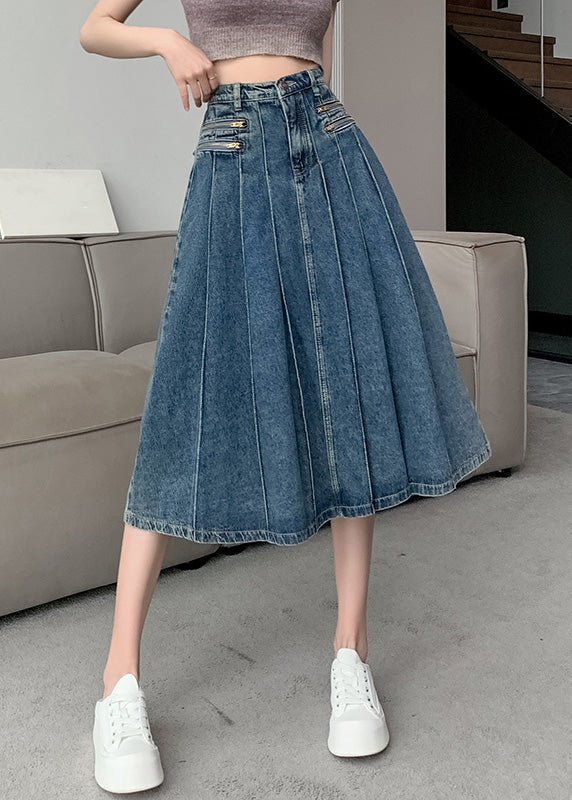 Modern Navy High Waist Zip Up Denim Pleated Skirt Summer Ada Fashion