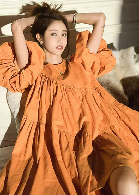 Modern Orange Oversized Patchwork Wrinkled Cotton Mid Dress Lantern Sleeve Ada Fashion