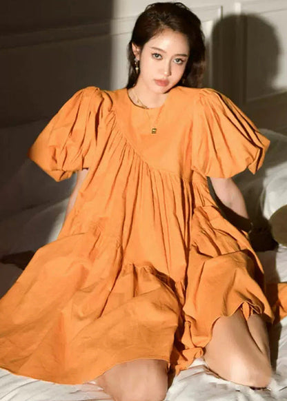 Modern Orange Oversized Patchwork Wrinkled Cotton Mid Dress Lantern Sleeve Ada Fashion