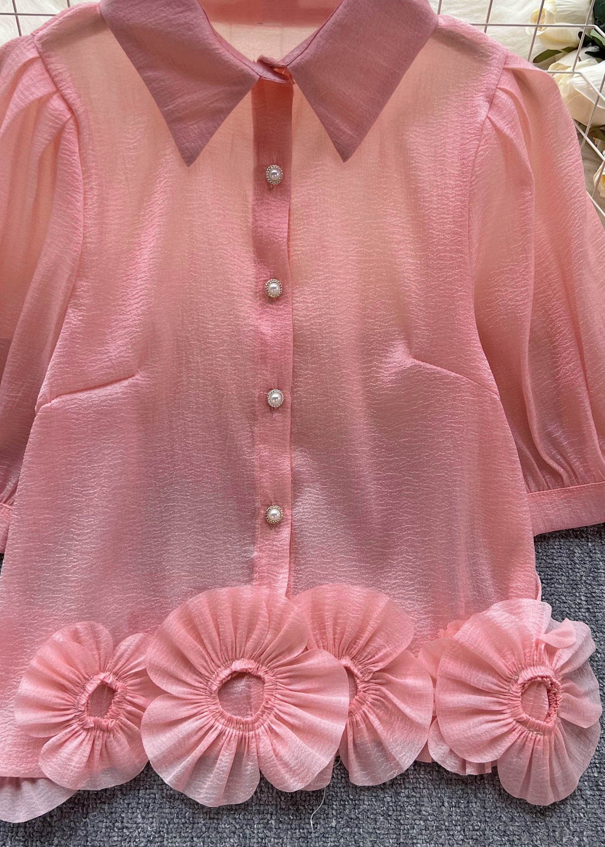 Modern Pink Peter Pan Collar Floral Patchwork Chiffon Shirts Top Summer Ada Fashion