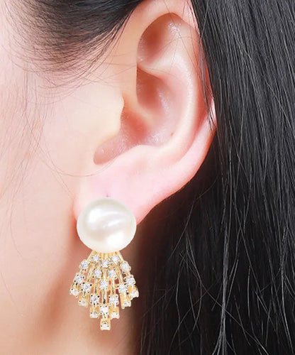 Modern White Sterling Silver Overgild Jade Zircon Stud Earrings Ada Fashion