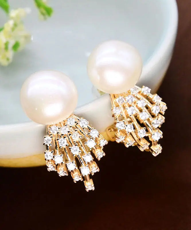 Modern White Sterling Silver Overgild Jade Zircon Stud Earrings Ada Fashion