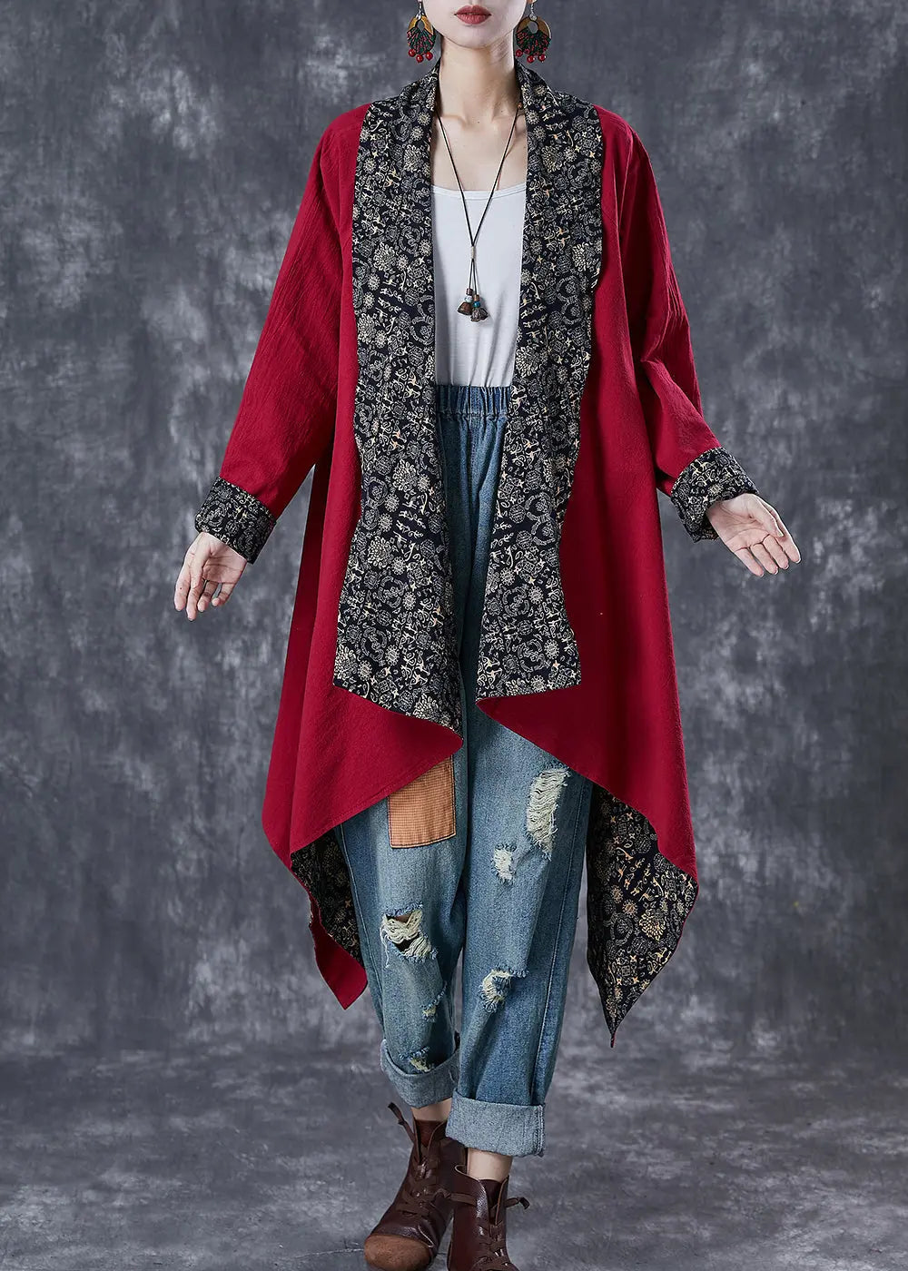 Mulberry Print Cotton Trench Asymmetrical Wear On Both Sides Fall Ada Fashion