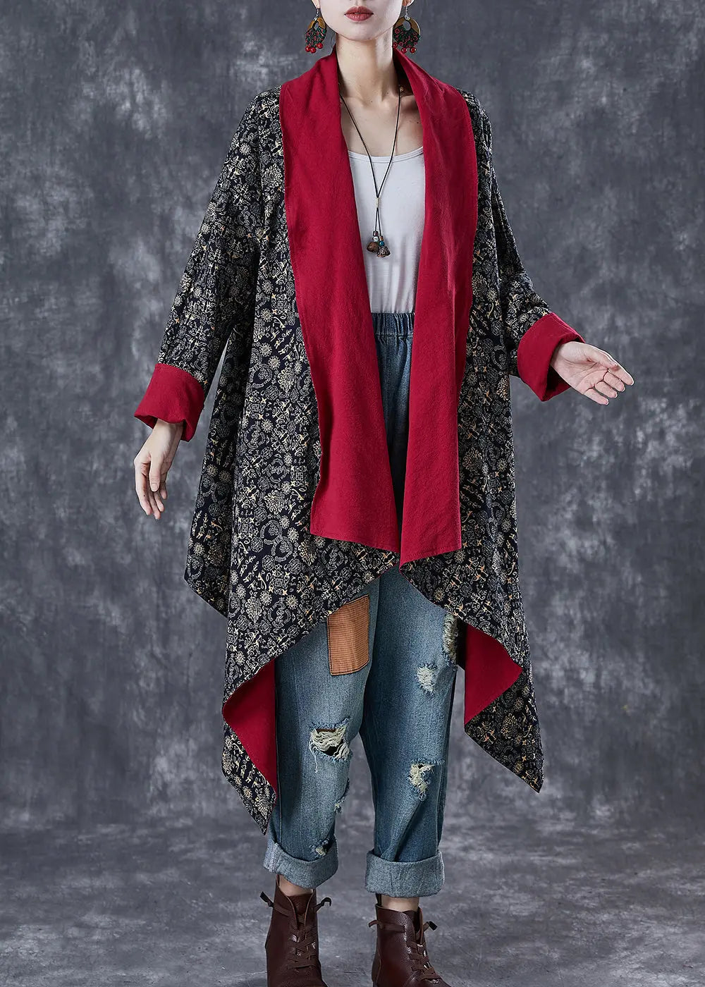 Mulberry Print Cotton Trench Asymmetrical Wear On Both Sides Fall Ada Fashion