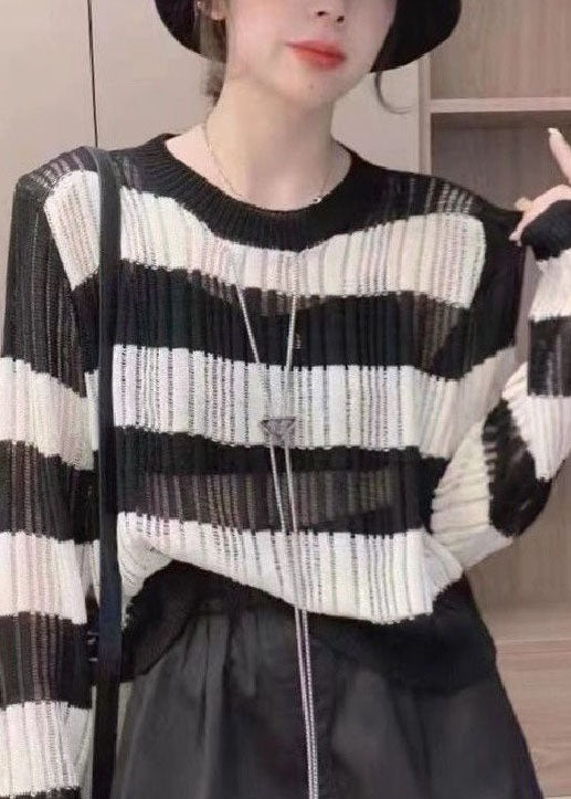 Natural Black O Neck Striped Hollow Out Thin Knit Tops Long Sleeve LY4668