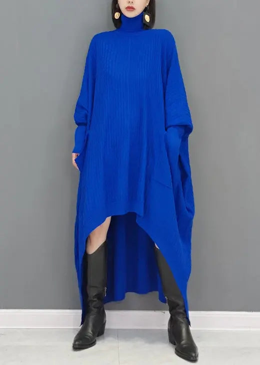 Natural Blue Hign Neck Low High Design Knitwear Dress Fall Ada Fashion