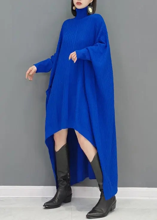 Natural Blue Hign Neck Low High Design Knitwear Dress Fall Ada Fashion