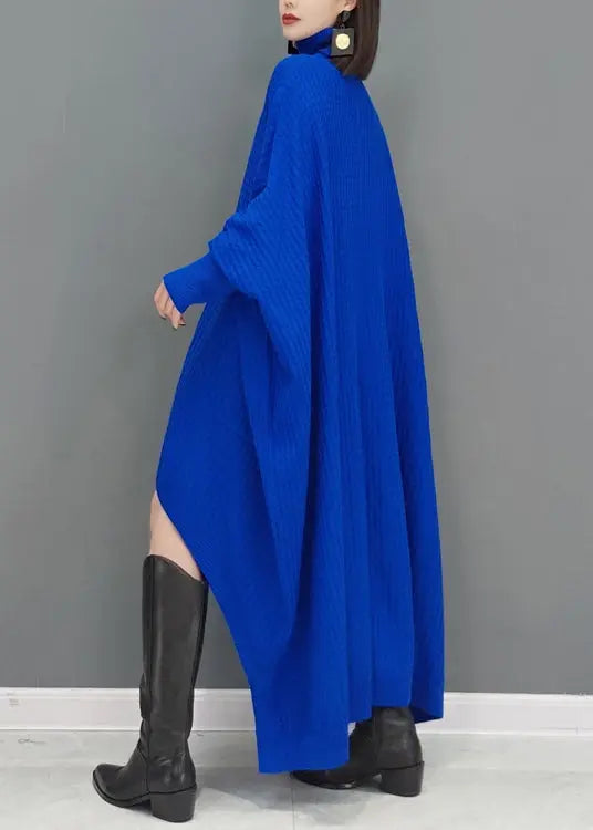 Natural Blue Hign Neck Low High Design Knitwear Dress Fall Ada Fashion