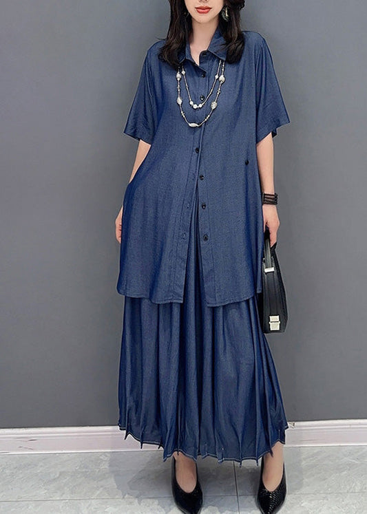 Natural Blue Peter Pan Collar Button Solid Shirts And Maxi Skirts Two Piece Set Summer LY4391