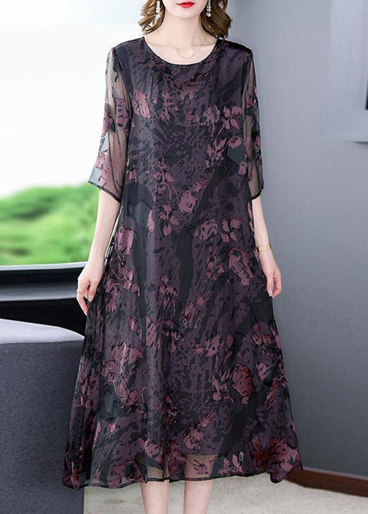 Natural Dark Purple O Neck Print Patchwork Silk Dress Summer LY4601