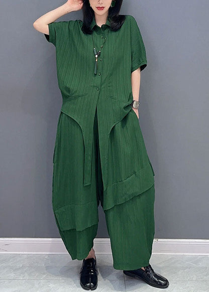 Ensemble deux pièces en coton avec haut et pantalon patchwork vert naturel à col Peter Pan, printemps