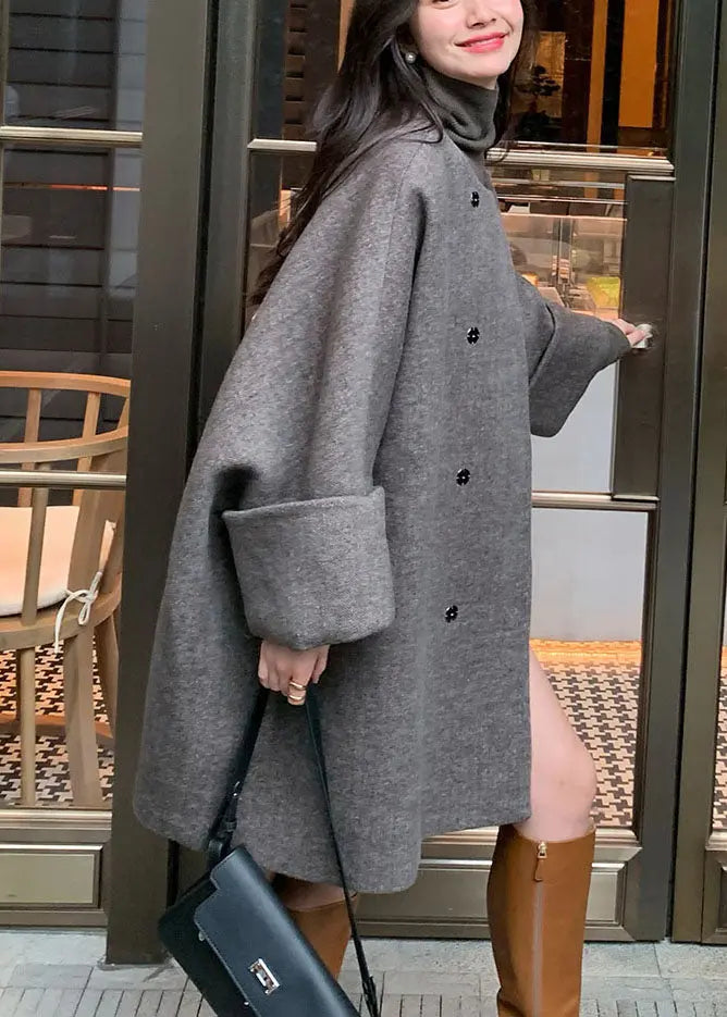 Natural Grey O-Neck Button Woolen Mid Coats Fall Ada Fashion