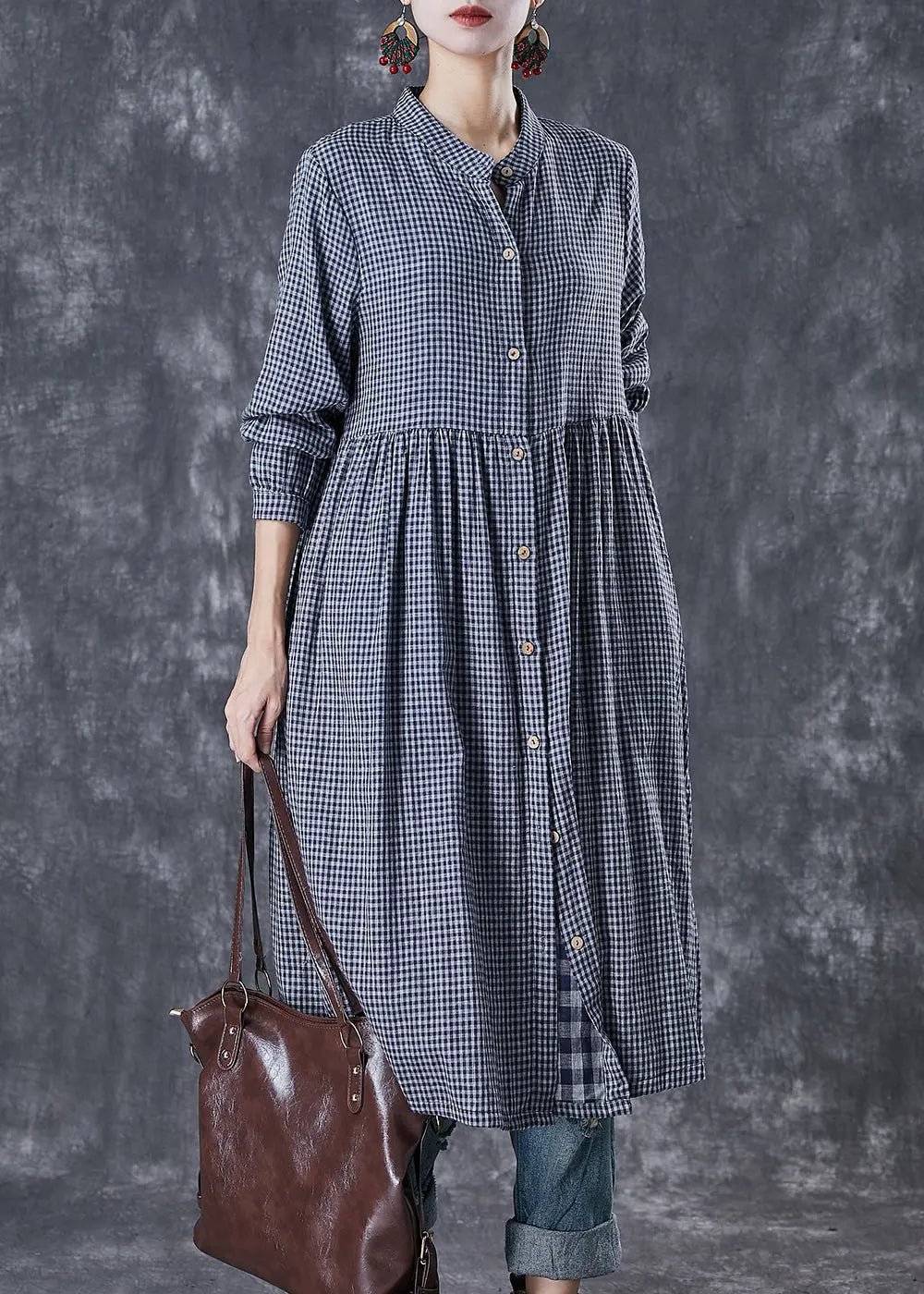 Natural Grey Oversized Plaid Cotton Shirt Dresses Fall Ada Fashion