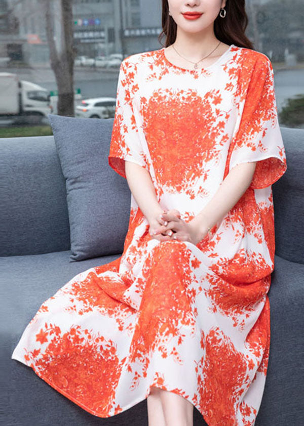 Natural Orange O Neck Print Patchwork Chiffon Loose Dress Summer Ada Fashion