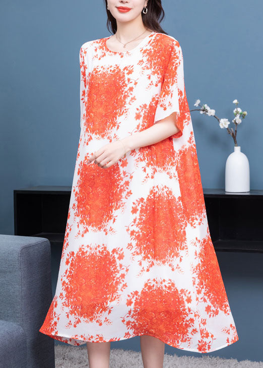 Natural Orange O Neck Print Patchwork Chiffon Loose Dress Summer Ada Fashion